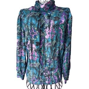 VTG 80s Abstract Secretary High Neck Long Sleeve Multicolor Paisley Blouse. Sz 6